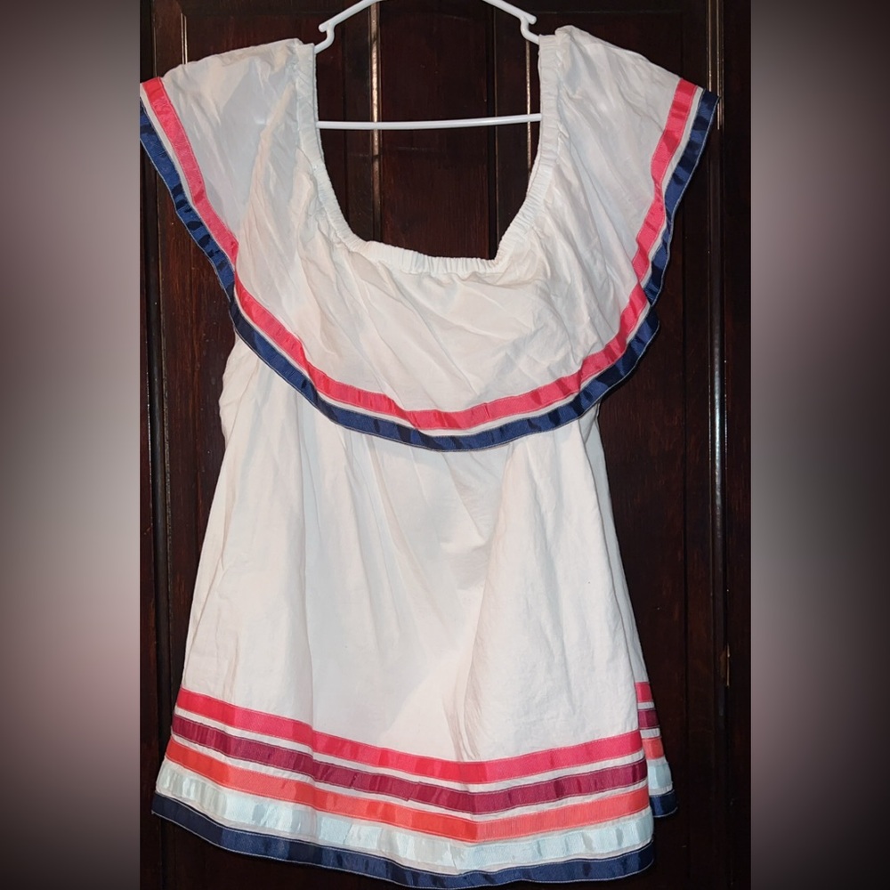 White top with Pink and Blue Stripes. Can be worn off the shoulder.
